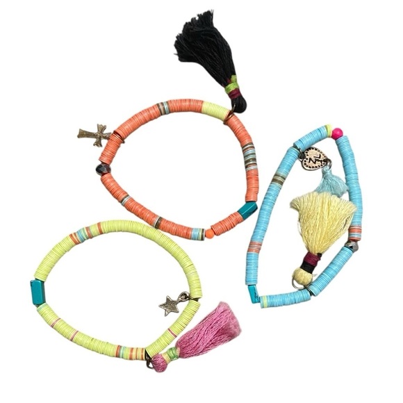 Trio of stretch pastel colored Bracelets with tassel & cross heart & star charms - Picture 1 of 4